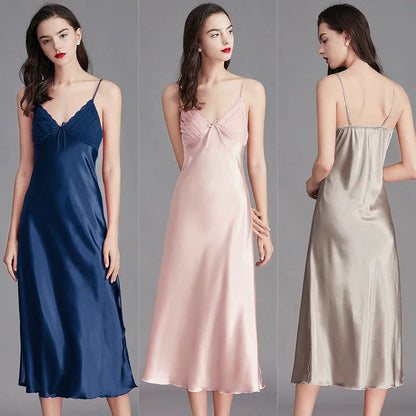 Ice Silk Long Nightdress - Spaghetti Strap Summer Sleepwear - Shello's Creative Boutique