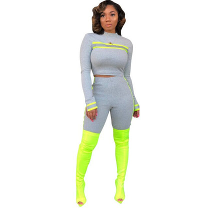 Side Stripe Reflective Set Sexy Two Piece Set Tracksuit Women Crop Top and Biker Shorts Club Outfits Neon Matching Sets eprolo