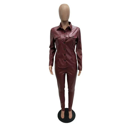 Sexy Two Piece Set Women Plus Size PU Leather Long Sleeve Top and Bodycon Pant Suit - Shello's Creative Boutique