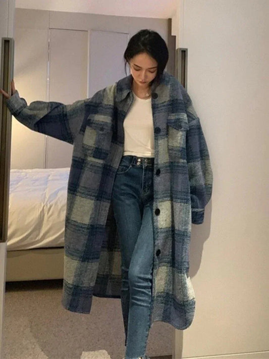 [EWQ]Plaid Single Tops Korean Outerwear Female Overcoat Fashion Spring Winter Women Loose Long Woolen Coats Kaschmir Mantel - Shello's Creative Boutique