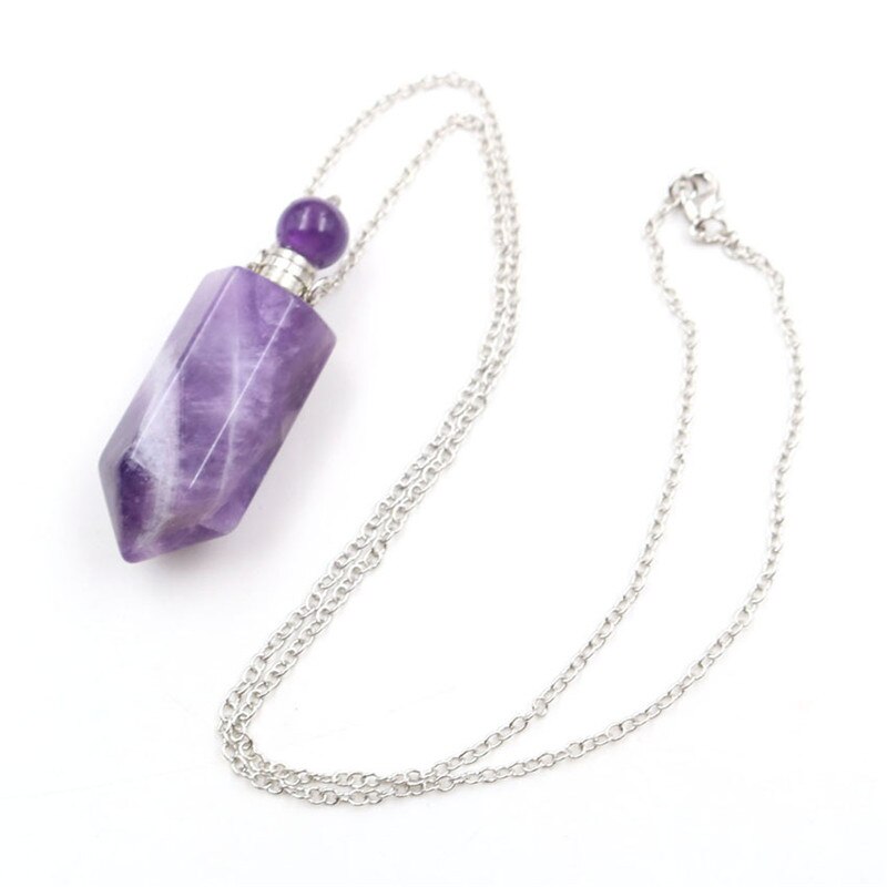 Natural Crystal Hexagonal Perfume Bottle Pendant Necklace  Fluorite Pendant Essential Oil Jar Chain Necklace Shello Creative Boutique