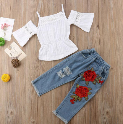 Girls Set Europe And America Rose sling Lace Shirt Jeans Children's Suit Wear Printed Jeans - Shello's Creative Boutique