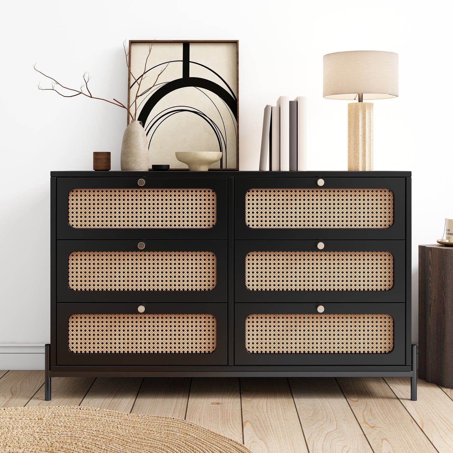 Modern hemp vine wood closet with 6 drawers, dressing table, wooden storage cabinet side panel, black eprolo