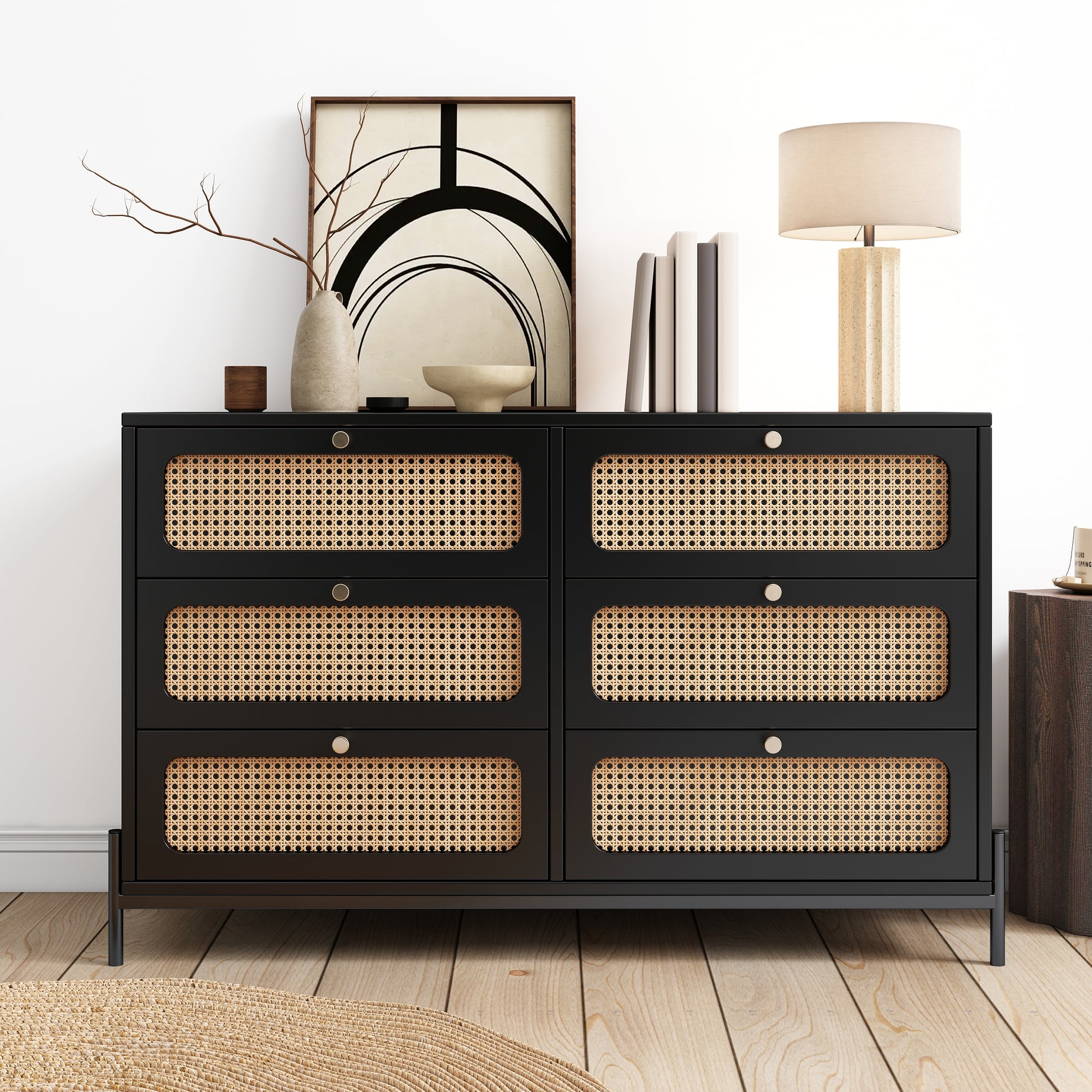 Modern hemp vine wood closet with 6 drawers, dressing table, wooden storage cabinet side panel, black eprolo