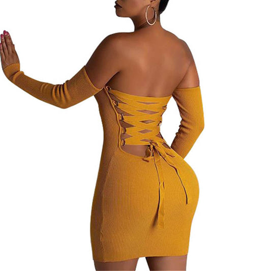 Knitted Long Sleeve Mini Bandage Dress Club Party Winter Off Shoulder Backless Lace Up Bodycon Dresses eprolo