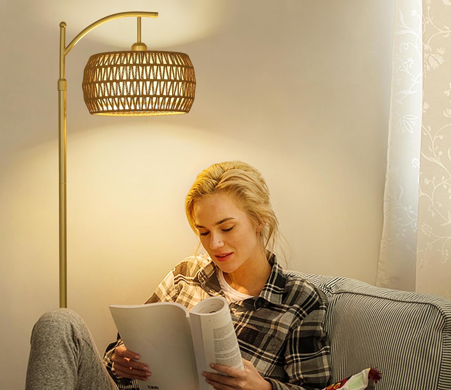 Arc Floor Lamp with 3 Color Temperatures, LED Gold Floor Lamp with Remote & Stepless Dimmable Bulb, Boho Standing Lamp eprolo