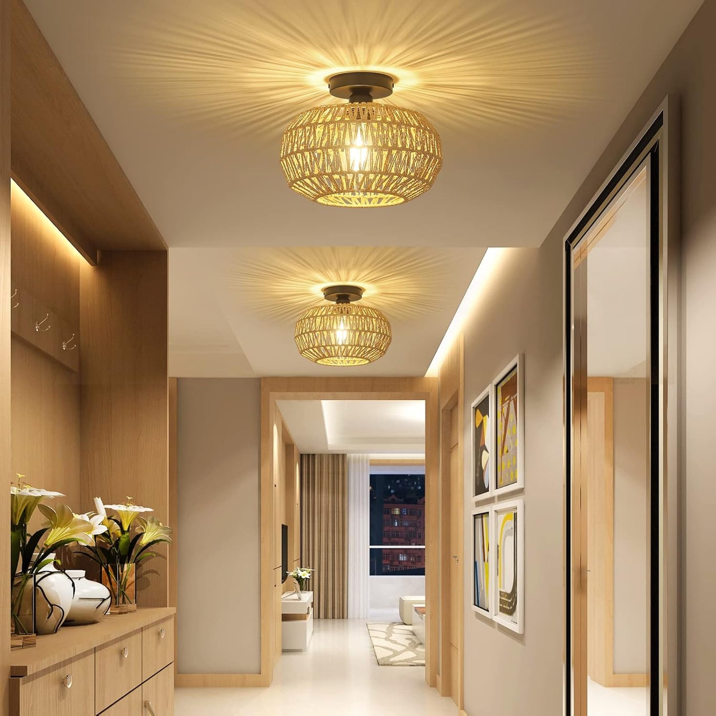 Rattan Light Fixtures Ceiling Mount,Boho Ceiling Light Fixture with Dimmable LED Bulb Mini Hand Woven Rattan eprolo
