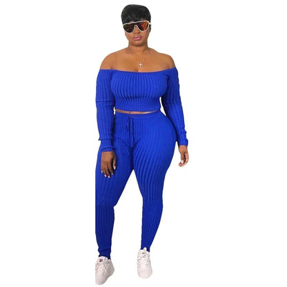 Two Piece Set Autumn Outfits Tracksuit Women Blue Ribbed Striped Slash Neck Short Tops Pencil Pants - Shello's Creative Boutique