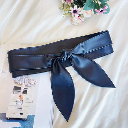 Black Bowknot Obi Belt  Lace Up Tied Knot Corset PU Wide Belts Cinch Waistband Elegant Dress Coat Girdle For Women eprolo