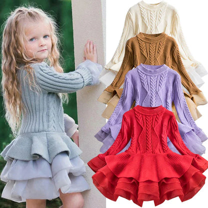 Winter Knitted Chiffon Girl Dress – Party Long Sleeve Children’s Clothes - Shello's Creative Boutique