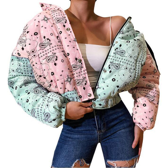 Autumn Winter Fashion Women's Colorblock printing Long Sleeve Zipper Cotton Padded Jacket Coats - Shello's Creative Boutique