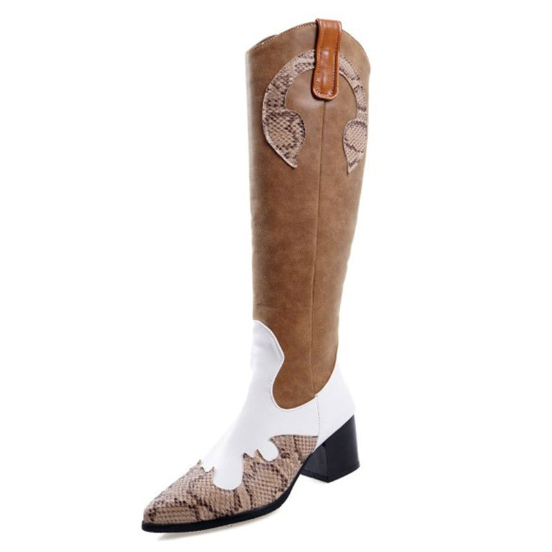 Women's Snake Pattern Splicing Knight Boots 32-48 Large Pointed Tall Boots