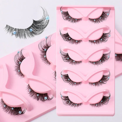 Clear Band Corner Foxy Winged Cat Eye 3D Strip Lashes Silk Party Full False Eyelash Vegan Faux Mink Eyelash With Diamond Pearl - Shello's Creative Boutique