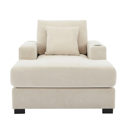 39.7" Oversized Chaise Lounger Modern Style Sofa Couch ,with Pillows, Charge Station & Cup Holders, Chenille Fabric, Cream - Shello's Creative Boutique