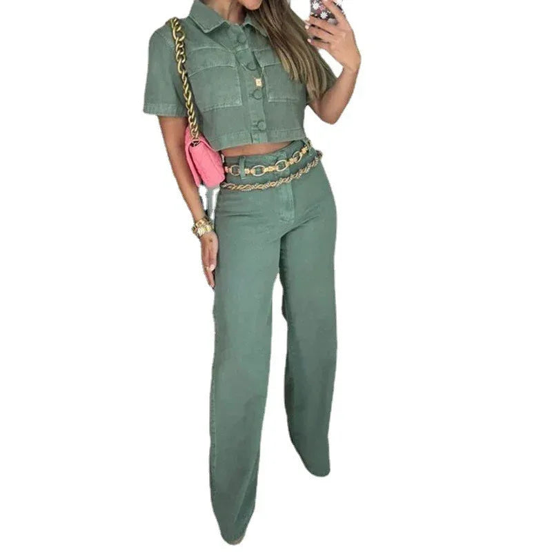European and American womens clothing set Fashion lapel sleeveless top Loose pants Solid color set - Shello's Creative Boutique