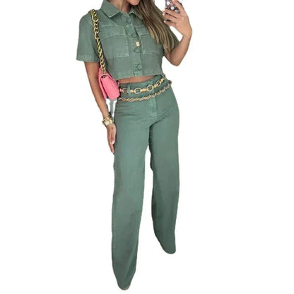 European and American womens clothing set Fashion lapel sleeveless top Loose pants Solid color set - Shello's Creative Boutique