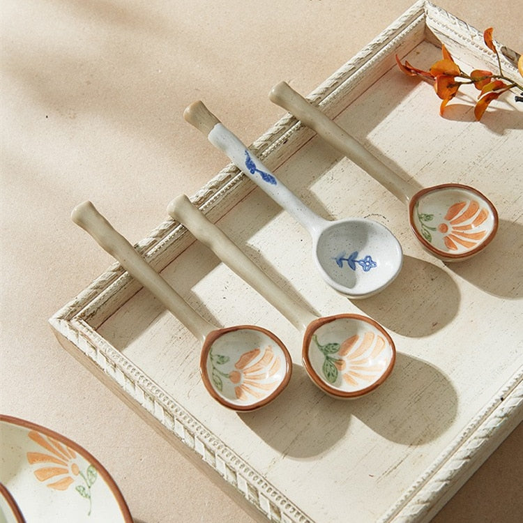 Ins Style Japanese Style Stoneware Small Soup Spoon Ceramic Spoon, Long Handle Spoon Household Cute Creative Rice Spoon eprolo