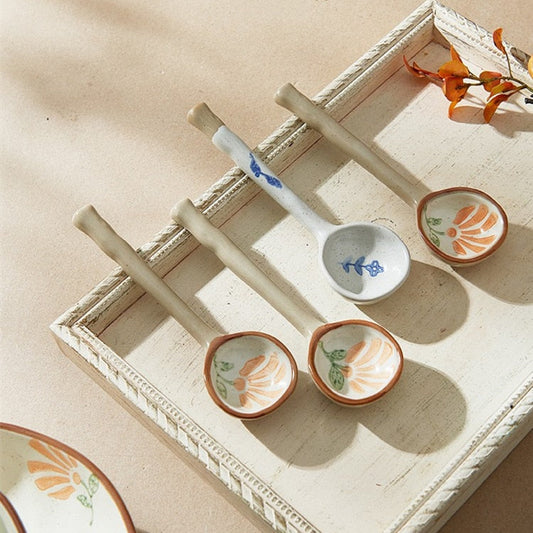 Ins Style Japanese Style Stoneware Small Soup Spoon Ceramic Spoon, Long Handle Spoon Household Cute Creative Rice Spoon eprolo