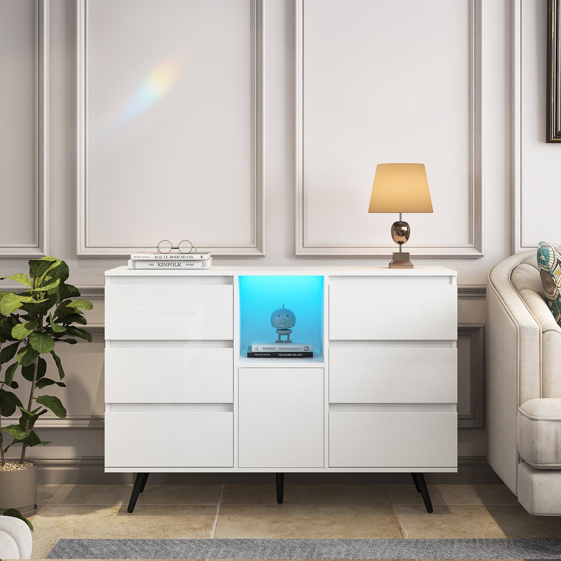 Living Room Sideboard Storage Cabinet White High Gloss with LED Light eprolo