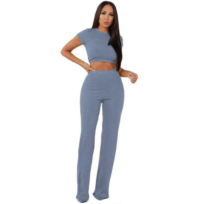 Women knitted long sleeve o-neck crop top wide leg pants 2 piece set for female women tops pants two pieces sets women's suits - Shello's Creative Boutique