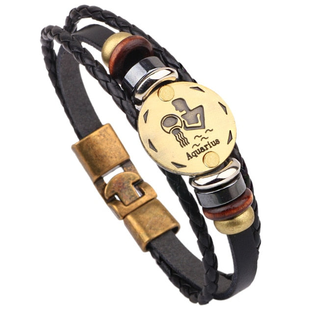 12 Horoscope Leather Bracelet Men Jewelry Vintage Retro Charm Bracelet Male Jewelry 8.2 eprolo