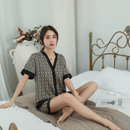 QSROCIO Women's Pajamas Set Luxury Fashion Cross Letters Print Short Sleeve Sleepwear Silk Like Leisure Home Clothes Nightwear eprolo