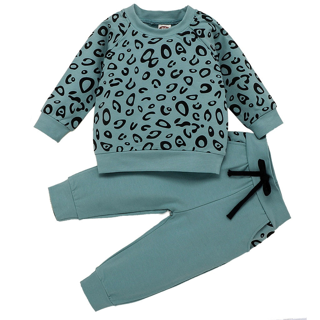 Kids Clothes Set Cartoon Print Baby Boy Girl Clothing Infant Baby Girl Boy Leopard Print T-shirt Sweater Coat Tops Pants Outfits eprolo