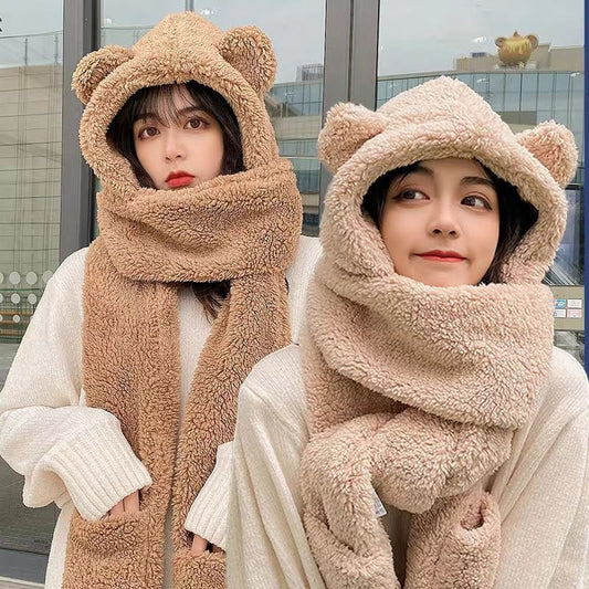 Adorable Bear 3-in-1 Plush Winter Set - Hat, Scarf & Gloves with Heart Details