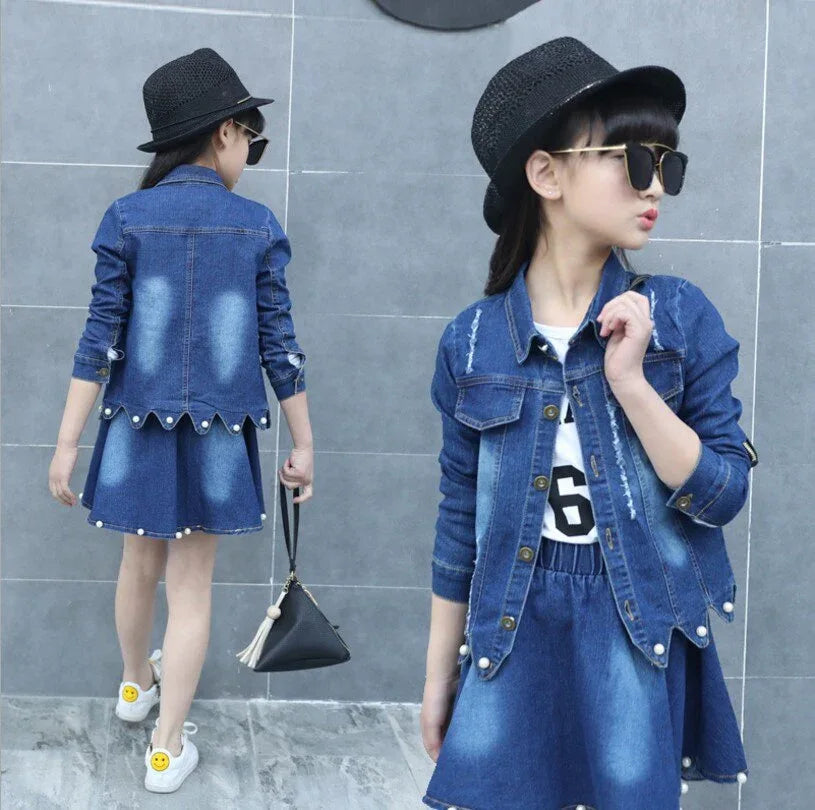 Children Clothing Set Boutique Outfits Long Sleeve Denim Jacket Beaded Denim Skirt Two Piece Teenage Girls Clothes 10 12 Years - Shello's Creative Boutique