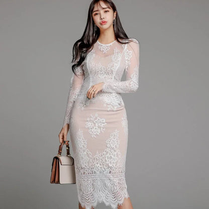 Autumn New Celebrity Style Perspective Lace Shirt Top Slim Fit Wrap Hip Skirt Two piece Set for Women - Shello's Creative Boutique