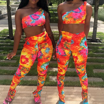 Sexy Ladies Fashion Print One Shoulder Sleeveless Vest Tights Set Two Piece Set - Shello's Creative Boutique
