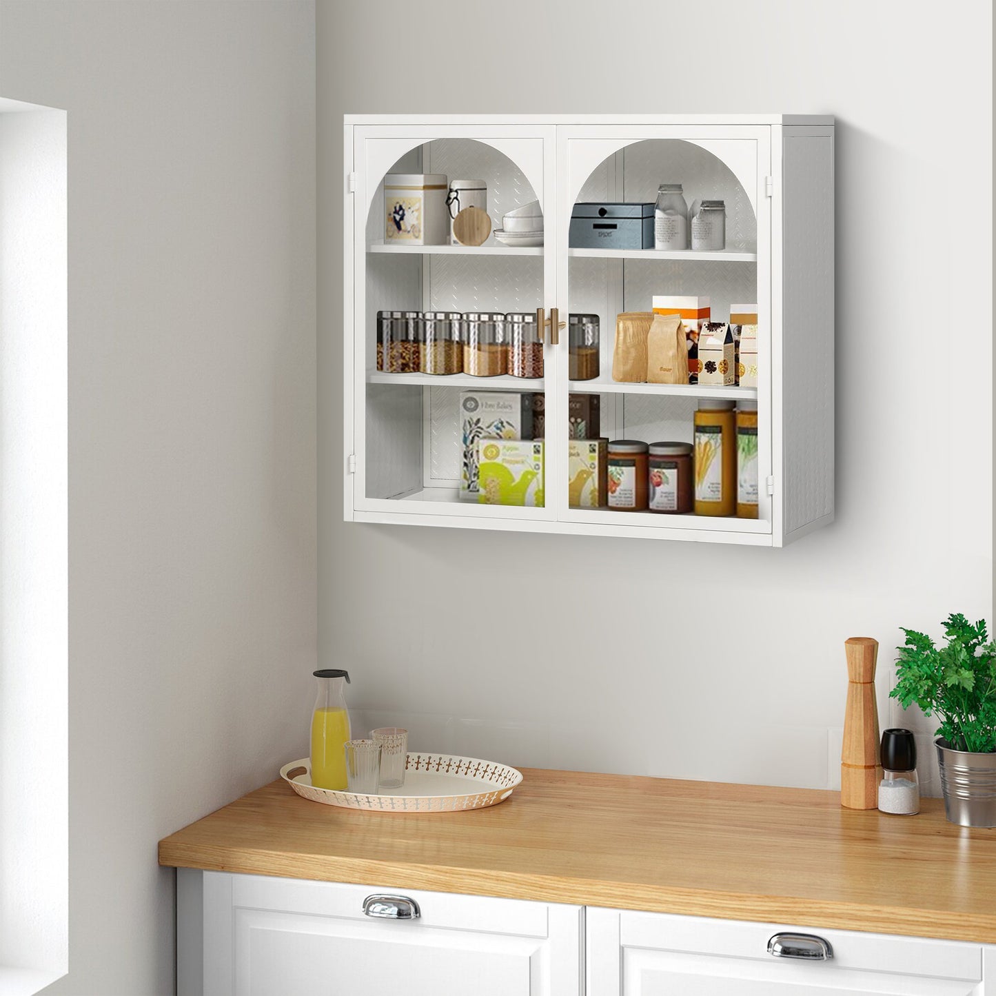 27.56"Glass Doors Modern Two-door Wall Cabinet with Featuring Three-tier Storage White eprolo