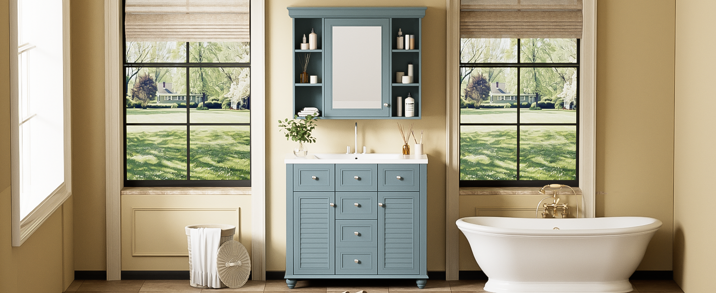 36 inch modern mirror cabinet with adjustable shelves, 2 soft closing doors, and 6 drawer storage cabinet door organizers eprolo