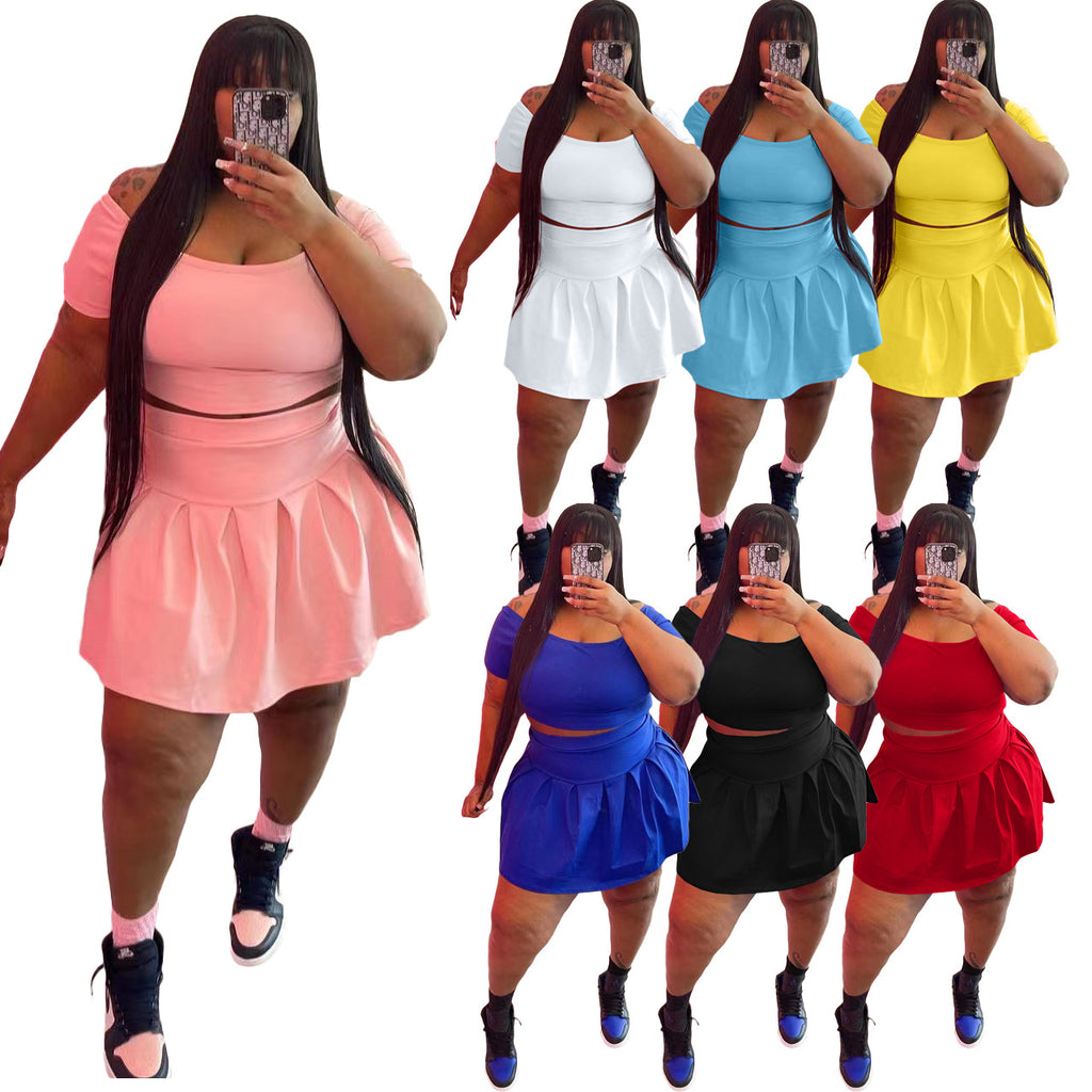Fashion Women's New Solid Color Pleated Skirt Plus Size Two Piece Set eprolo