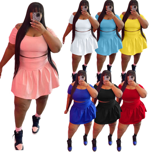 Fashion Women's New Solid Color Pleated Skirt Plus Size Two Piece Set eprolo