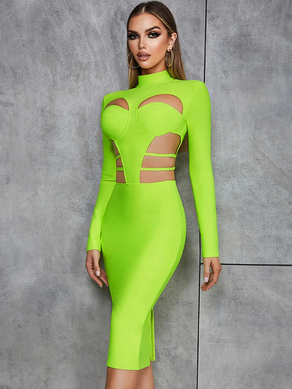 New Fluorescent Green Sexy Hollow Out Bodycon Design  Bandage Dress Women'S Long Sleeve Fashion Club Party Vesidos eprolo