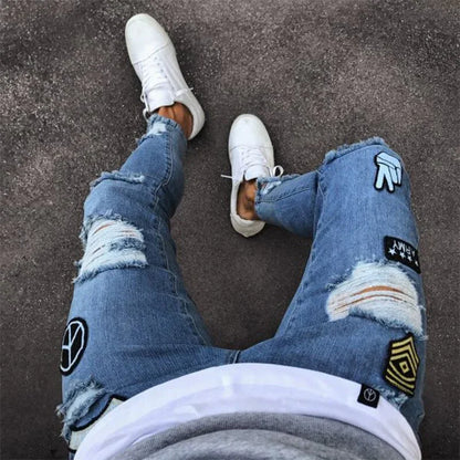 Men's Ripped jeans Badge Letters Hip-hop Skinny Jogging Denim Fashion Pencil Long Trousers Distressed Jeans For Men Clothing - Shello's Creative Boutique