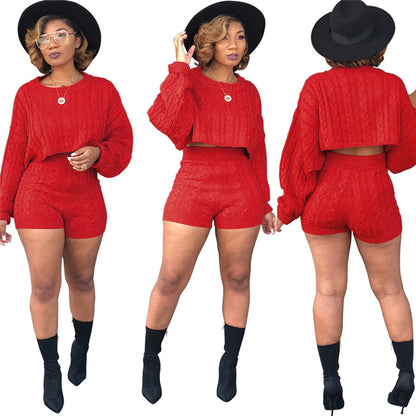 Women Knitted Sweaters Two Piece Set O Neck Long Sleeve Loose Crop Top High Waist Shorts eprolo