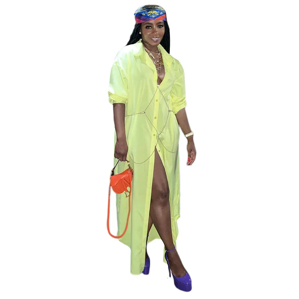 Casual Lapel Half Sleeve Shirt Dress Solid Color Long Jacket - Shello's Creative Boutique