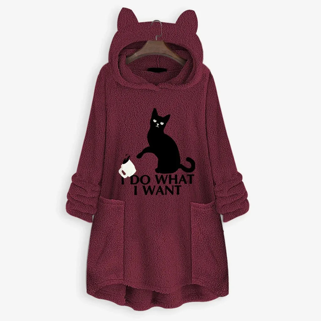 Womail Hoodie Sweatshirt Womens winter Fleece Cat Ear Long Pocket loose Casual Hooded Feminine Oversize Sweatshirt Plus Size - Shello's Creative Boutique