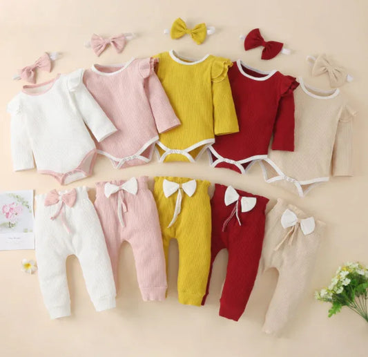 Autumn and winter foreign trade children's clothing solid color pit striped cotton long-sleeved romper with bowknot trousers three-piece suit - Shello's Creative Boutique