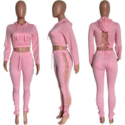 Autumn Women Tracksuit Two Piece Set Backless Hollow Out Bandage Solid Color Party Night Clubwear Sportsuit Clothes For Women - Shello's Creative Boutique