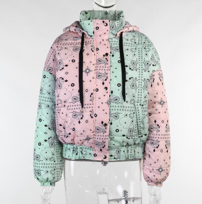Autumn Winter Fashion Women's Colorblock printing Long Sleeve Zipper Cotton Padded Jacket Coats - Shello's Creative Boutique