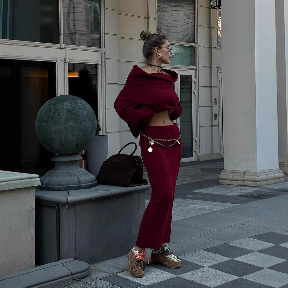 Winter Knitted Two Piece Set for Women Elegant Off Shoulder Sweater Pullover Top Slim Skirt Suit Fashion Office Ladies Outfits eprolo