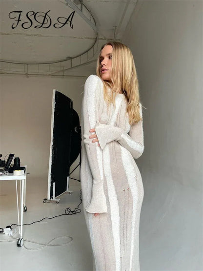 Knitted O-Neck Long Sleeve Bodycon Sweater Dress – Sexy Y2K Midi for Autumn & Winter - Shello's Creative Boutique