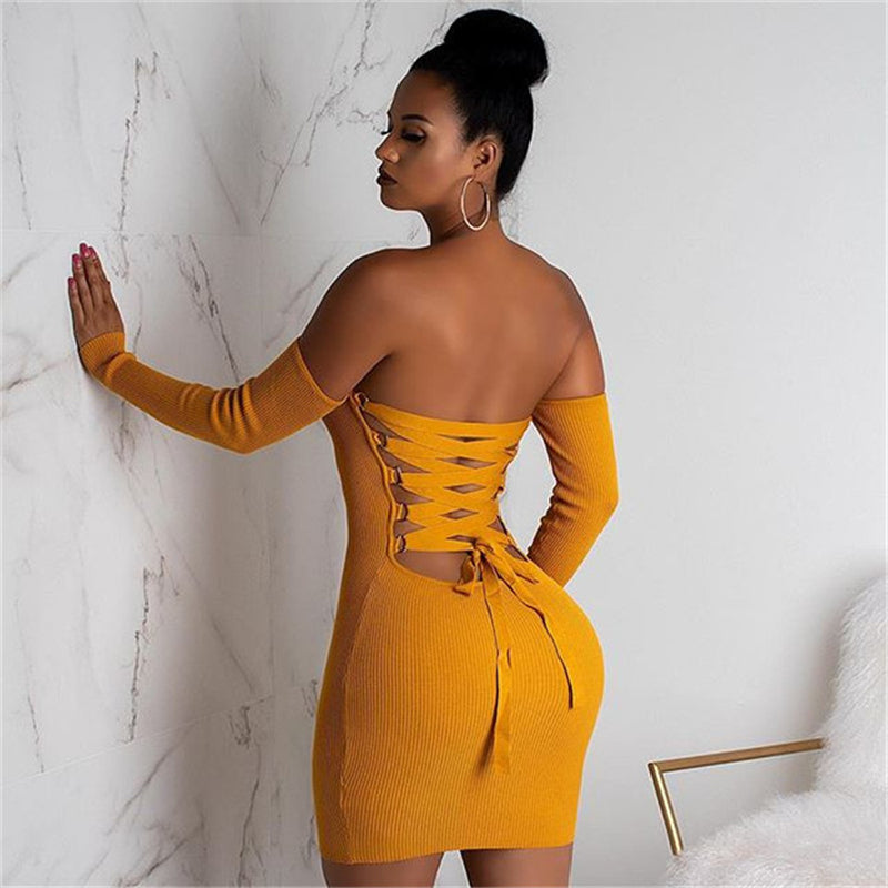 Knitted Long Sleeve Mini Bandage Dress Club Party Winter Off Shoulder Backless Lace Up Bodycon Dresses eprolo