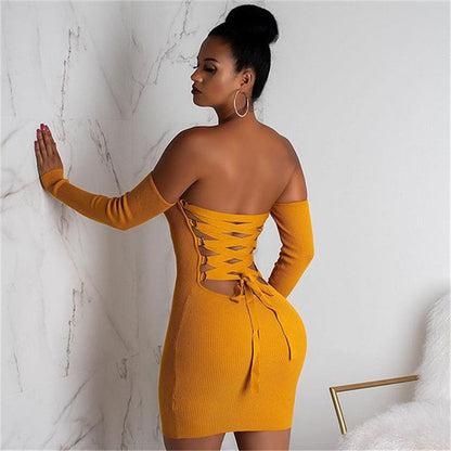 Knitted Long Sleeve Mini Bandage Dress Club Party Winter Off Shoulder Backless Lace Up Bodycon Dresses eprolo