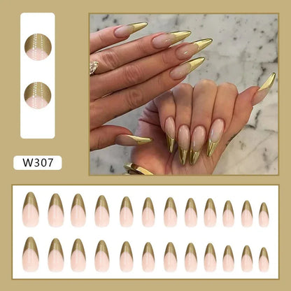 Simple pearlescent gold French almond nail wear nails special nail pieces - Shello's Creative Boutique