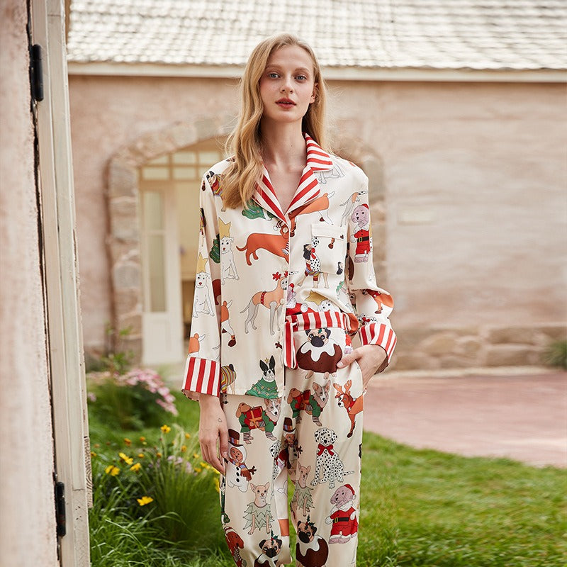 Ins style pajamas women autumn long-sleeved trousers lapel imitation silk thin home clothes set eprolo