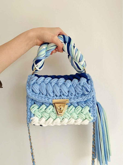 Women Crochet Shoulder Bag - Hand Woven Crochet Tassel Bag with Fried Dough Twists - Shello's Creative Boutique